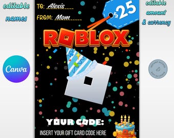 Plantilla imprimible para tarjeta de regalo de Roblox • Tarjeta de cumpleaños editable en Canva • Descarga instantánea