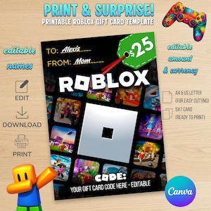 Può includere: Modello di buono regalo Roblox stampabile con la scritta "Stampa e sorpresa!" e "Nomi modificabili". La carta presenta il logo Roblox, un valore di 25€ e la scritta "Il tuo codice del buono regalo qui - modificabile". Include un controller di gioco colorato.