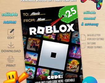 Plantilla imprimible para tarjeta de regalo de Roblox • Plantilla editable de Canva para regalos de videojuegos • Descarga instantánea • 5x7