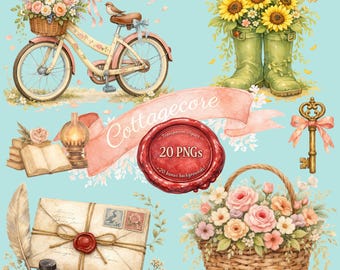 Bundle de cliparts rustique aquarelle Cottagecore confortable : vélo, enveloppe, champignons, fleurs (20 fichiers PNG, téléchargement numérique)
