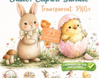 Bundle de cliparts de Pâques, 23 PNG transparents, aquarelle botanique fantaisiste