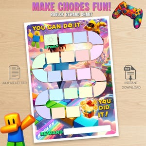 以下が含まれることがあります： 「MAKE CHORES FUN!」と「YOU CAN DO IT」のテキストが入った、カラフルなRoblox報酬チャート。ゲームコントローラーのグラフィックと報酬スペースがあります。PDFダウンロードオプションが含まれています。