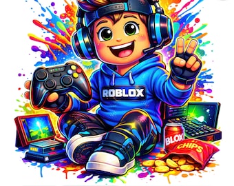 Imagen PNG de un niño de Roblox, imágenes prediseñadas de jugadores, cumpleaños de videojuegos, diseño listo para imprimir por sublimación y decoración de fiestas.