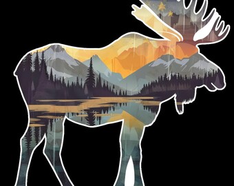 Alaskan Moose Vinyl Sticker – Mountain Sunset Landscape Decal