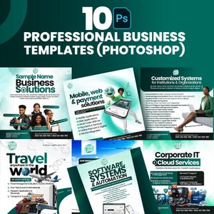 Pode incluir: Gráfico promocional com o texto "10 Ps MODELOS DE NEGÓCIOS PROFISSIONAIS (PHOTOSHOP)". A imagem mostra vários modelos de serviços empresariais, incluindo soluções de negócios e serviços de viagens.