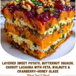 Könnte beinhalten: Ein geschichteter Auflauf aus Süßkartoffeln, Butternusskürbis und Karotten mit Feta, Walnüssen und Cranberry-Honig-Glasur. Das Gericht ist eine lebendige Mischung aus Orange, Weiß und Braun, garniert mit Walnüssen und frischen Kräutern. Der Text auf dem Bild lautet: "LAYERED SWEET POTATO..."