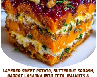 Ricetta per lasagna a strati di patate dolci, zucca, carote e feta in formato PDF.