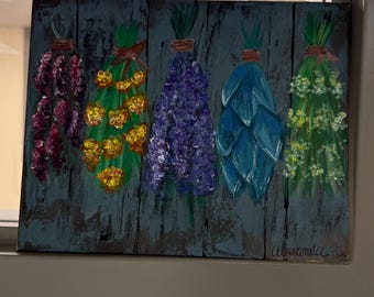 Rustic Hanging Flower Bouquet Painting on Wood Background – Hand-Painted Acrylic Wall Art