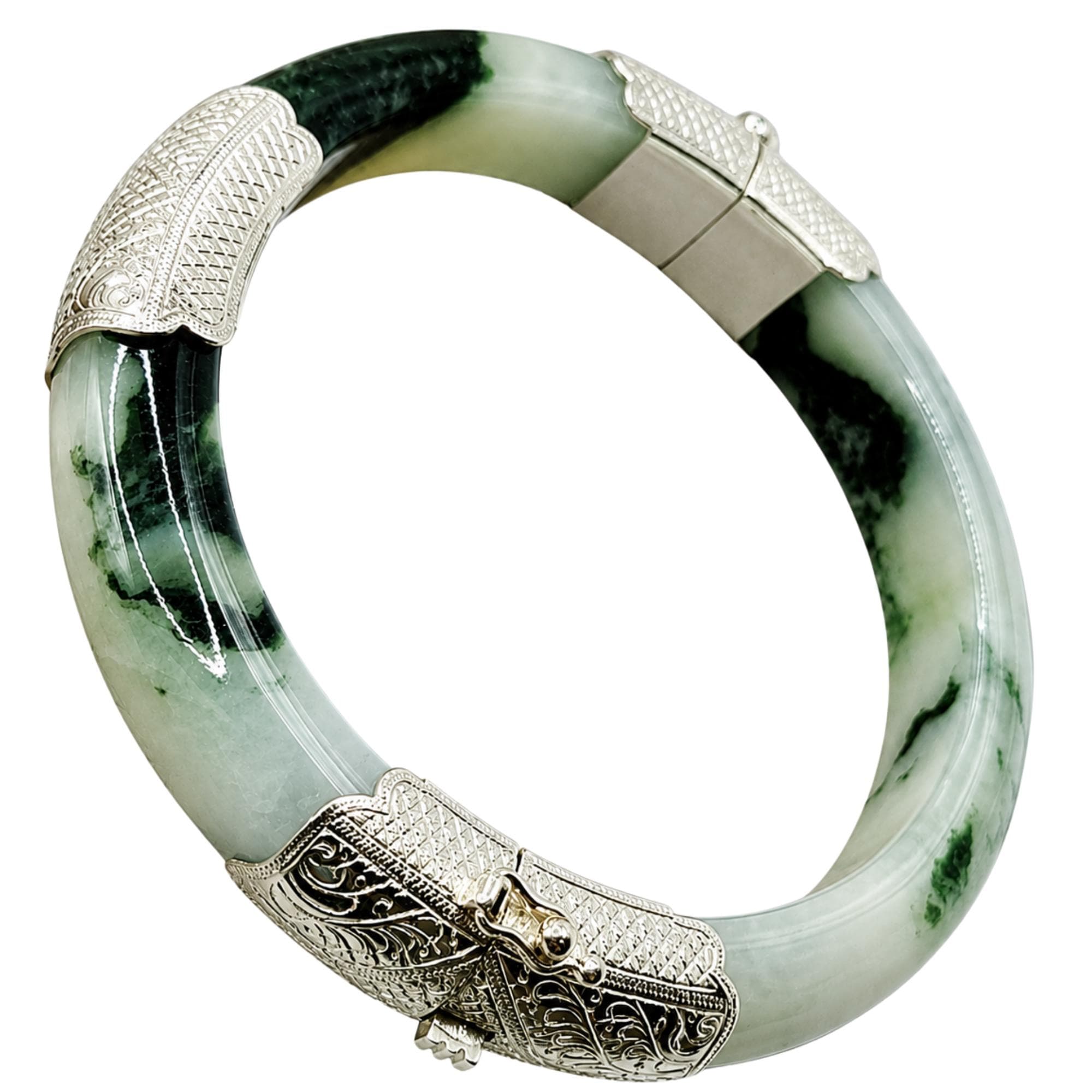 Natural Burmese Jadeite Bangle Bracelet - 925 Sterling Silver - Spring Open Clasp - One of a Kind