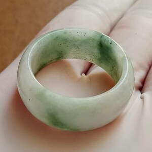 Natural Burmese Jadeite Ring, Green White Moss Pattern, Wide Band US Size 12, 21.5mm, Unisex Statement Jade Ring