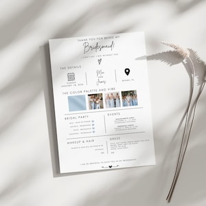 May include: A white invitation card with black text, including "Thank you for being my Bridesmaid!" and event details. Features a photo of bridesmaids and a color palette. Includes event details.