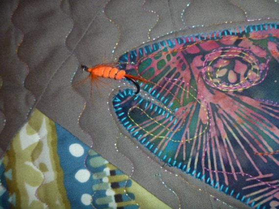 Art Quilt or Pillow Fly Fishing Salmon or Steelhead one of A Kind FREE  SHIPPING 