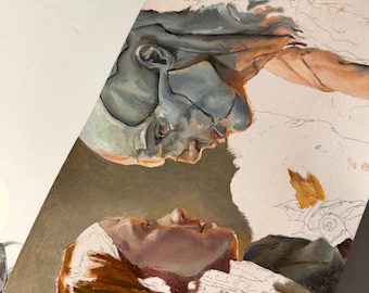 May include: A watercolor painting in progress, depicting two figures in a close embrace. One figure has gray skin and the other has red hair. The artwork is clipped to a board with a black clip.
