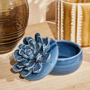 Peut inclure: Une boîte à bijoux en céramique bleue avec un couvercle orné d'un motif de succulente. La boîte est ouverte, révélant l'intérieur. D'autres pièces décoratives en céramique sont en arrière-plan.