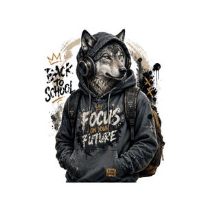 Peut inclure: Une illustration graphique d'un loup portant un sweat à capuche gris foncé et un casque, avec un sac à dos. Le texte indique BACK TO SCHOOL, FOCUS ON YOUR FUTURE et STAY STRONG. Le design inclut une icône de couronne et des éclaboussures.
