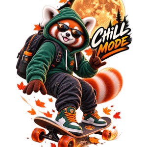 Peut inclure: Un panda roux portant un sweat à capuche vert, un pantalon noir et des lunettes de soleil, faisant du skateboard avec un sac à dos noir. L'image inclut le texte CHILL MODE, une grande lune orange et des feuilles d'automne. Queue rayée.