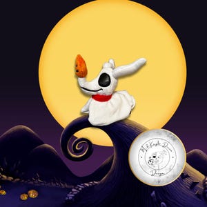 May include: A white plush toy of Zero from The Nightmare Before Christmas, with a pumpkin nose and red collar. The toy is set against a full moon and a dark, swirling landscape, evoking a Halloween theme.