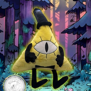 Könnte beinhalten: Ein gelbes, dreieckiges Plüschtier mit einem einzelnen Auge, schwarzen Armen, Beinen und einem Zylinder. Die Figur ist vor einem Waldhintergrund mit lila und blauen Bäumen platziert. Das Plüschtier ist eine Figur aus der Zeichentrickserie Gravity Falls.