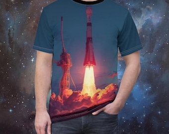 レトロロケット打ち上げTシャツ | スペースシャトル打ち上げ全面プリント