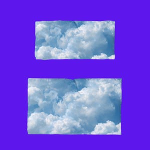 May include: Two rectangular fabric pieces featuring a photographic print of a bright blue sky filled with fluffy white cumulus clouds. The pattern displays soft, layered cloud formations against a clear sky, set against a solid purple background.