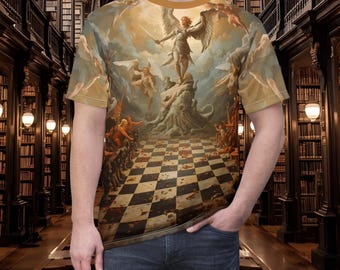 天使と悪魔 永遠のチェス盤Tシャツ | ファンタジー戦場シーン