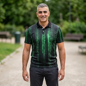 May include: A black polo shirt featuring a green binary code design. The shirt has a black collar and two white buttons. The person in the image is wearing black trousers.
