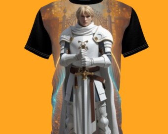 白い鎧を着た金髪の騎士のTシャツ | 中世のパラディンのイラスト