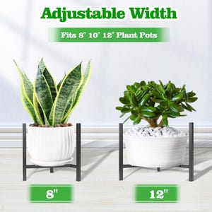 May include: An adjustable black metal plant stand holding two white ceramic pots with plants. The text reads Adjustable Width and Fits 8" 10" 12" Plant Pots, with 8" and 12" labels below the stands, showing the stand accommodating different sizes.