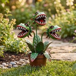 May include: A decorative metal sculpture of a three-headed carnivorous plant with green leaves and red-rimmed, toothy mouths. The plant is potted in a brown container, featuring sharp, pointed teeth and red accents on the heads and foliage.