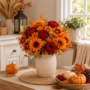 May include: A floral arrangement featuring bright orange sunflowers and deep red roses in a white ceramic vase with a vertical ribbed pattern. The bouquet includes small orange filler flowers and green stems, creating a dense, rounded display of autumn colors.