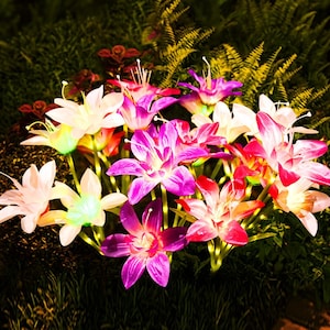 May include: A cluster of artificial lily-shaped solar lights featuring petals in shades of white, pink, and deep purple. Each flower is illuminated from within, casting a soft glow against a backdrop of dark green foliage and ferns.
