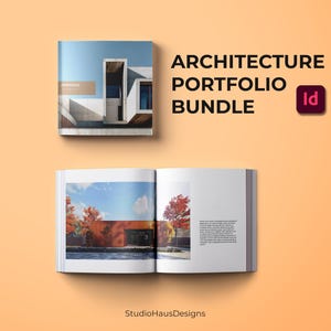 Pode incluir: Um pacote de portfólio de arquitetura com uma capa com um design de edifício moderno. O livro aberto mostra um edifício com árvores vermelhas e texto. As palavras "ARCHITECTURE PORTFOLIO BUNDLE" são exibidas em texto preto. O logotipo do Adobe InDesign também é visível.