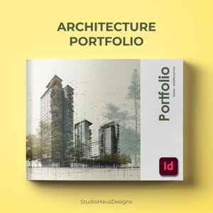 Op de afbeelding: Een architectuurportfolio met een aquarel-achtige illustratie van moderne hoogbouw. De omslag toont de titel "ARCHITECTURE PORTFOLIO" en het woord "Portfolio" op een wit paneel. De achtergrond is effen geel.