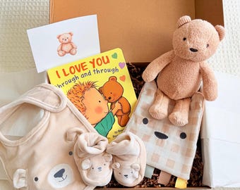 Welcome Baby Gift Box | Teddy Bear, Board Book, Bib, Socks, Neutral Newborn Gift, Baby Boy Gifts, Baby Shower, Newborn Baby Boy Gifts