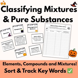 May include: A Halloween-themed educational worksheet titled "Classifying Mixtures & Pure Substances." The image includes cards defining elements, compounds, and mixtures, with examples like "Ghost Powder" and "Vampire Blood." A worksheet for sorting key words is also present.