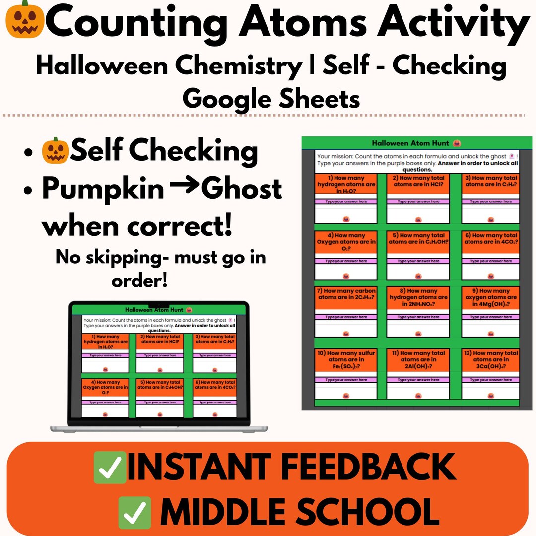 Counting Atoms Halloween Science Activity | Self-checking Google Sheets ...