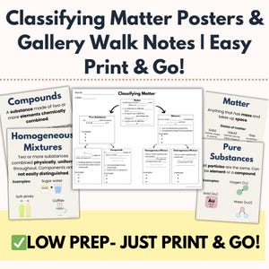 May include: Educational posters and notes about classifying matter, including compounds, mixtures, and pure substances. The posters feature diagrams and examples, with the text "Classifying Matter Posters & Gallery Walk Notes | Easy Print & Go!"
