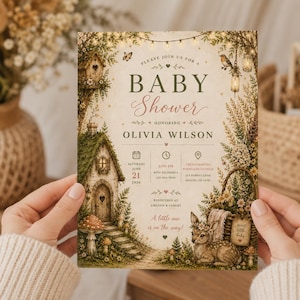 May include: Baby shower invitation with a whimsical forest theme. The invitation features a fairy tale cottage, a deer, and the text "Baby Shower" and "Olivia Wilson". The date is June 21, 2026.
