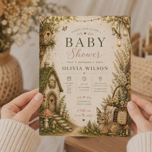 May include: A rectangular baby shower invitation card featuring a woodland theme with a cottage, a birdhouse, a fawn, and string lights. The text reads: Please join us for a Baby Shower honoring Olivia Wilson, Saturday June 21 2024, 2:00 PM.