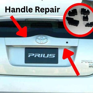 May include: Silver Toyota Prius rear with "PRIUS" emblem. The image shows a handle repair with a red arrow pointing to the handle area and a close-up of black plastic replacement parts.