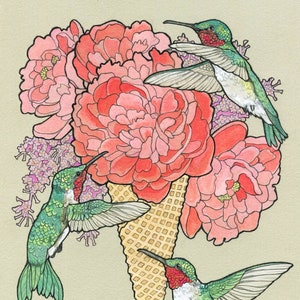 May include: Three hummingbirds with red throats and green and white feathers are perched on a waffle cone filled with pink peonies.