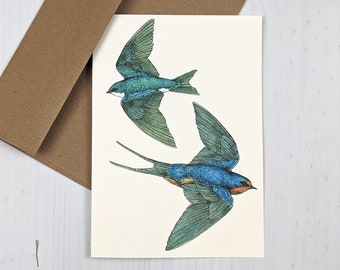 Swooping Swallows card - 5x7 blank notecard featuring barn and tree swallows