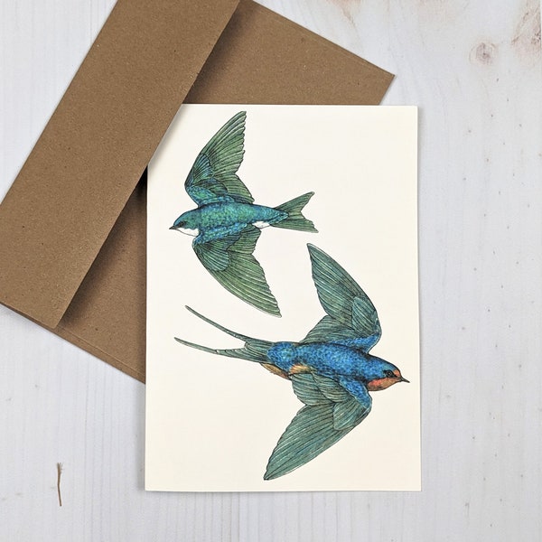 Swooping Swallows card - 5x7 blank notecard featuring barn and tree swallows