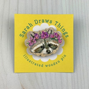 Raccoon Flower Crown - 1.5&quot; illustrated wooden pin