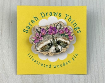 Raccoon Flower Crown - 1.5" illustrated wooden pin
