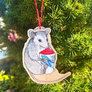 Opossum Water Ice - 3.5&quot; illustrated wooden tree ornament