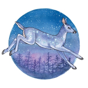 Starry Deer - watercolor fawn and forest artwork  -  8x8 &quot; Archival Print