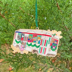 Jolly Trolley - 3.5" illustrated wooden tree ornament