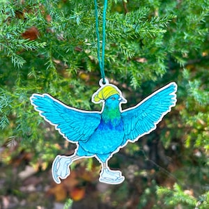 Pigeon Ice Skating- 3.5&quot; illustrated wooden tree ornament