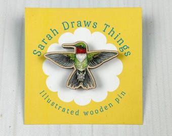 Ruby Throated Hummingbird - 1.5" illustrated wooden pin